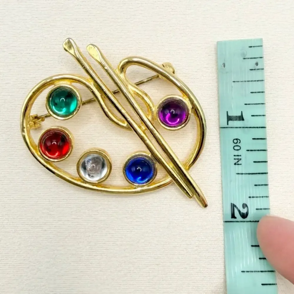 Vintage MJENT VTG Jeweled Gold Tone Artist's Paint Brush Palette Pin Brooch